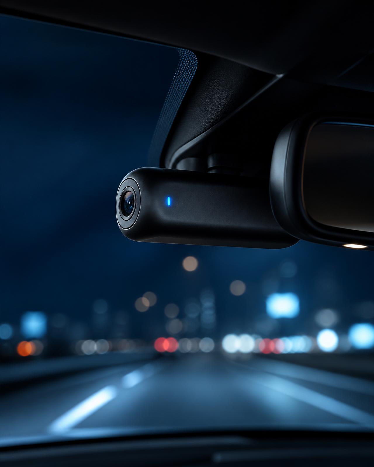 Dashcam dezent hinter dem Innenspiegel installiert – Nachtfahrt mit Stadtlichtern